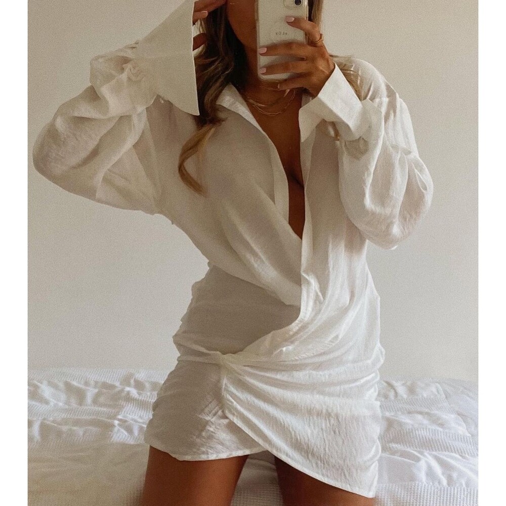 House of CB Dress carys open mini shirt womens White (large) preppy sexy resort